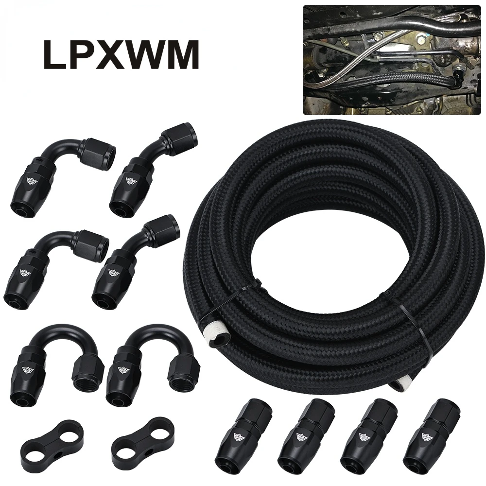 

5Meter 6AN AN6 & Stainless Steel Braide Oil Fuel Hose Line +AN6 Hose End Ftting Adapter Oil Hose Kit With Clamps Car Accessorie