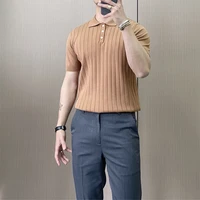 2022 summer knitted polo shirts for men short sleeve casual slim fit business t shirts lapel tee tops social party man clothing