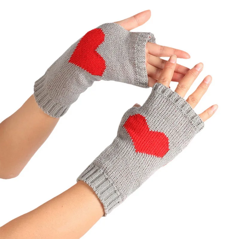 

Женские зимние перчатки, утолщенные теплые вязаные перчатки для сенсорного экрана, перчатки без пальцев с принтом сердечек и надписью Love, уличные лыжные перчатки, перчатки