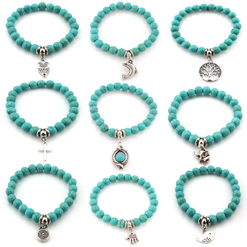 

Bohemian Turquoises Stone Charm Bracelet Elastic Adjusted Men Women Strand Beads Bracelet Tree of Life Wedding Party Jewerly