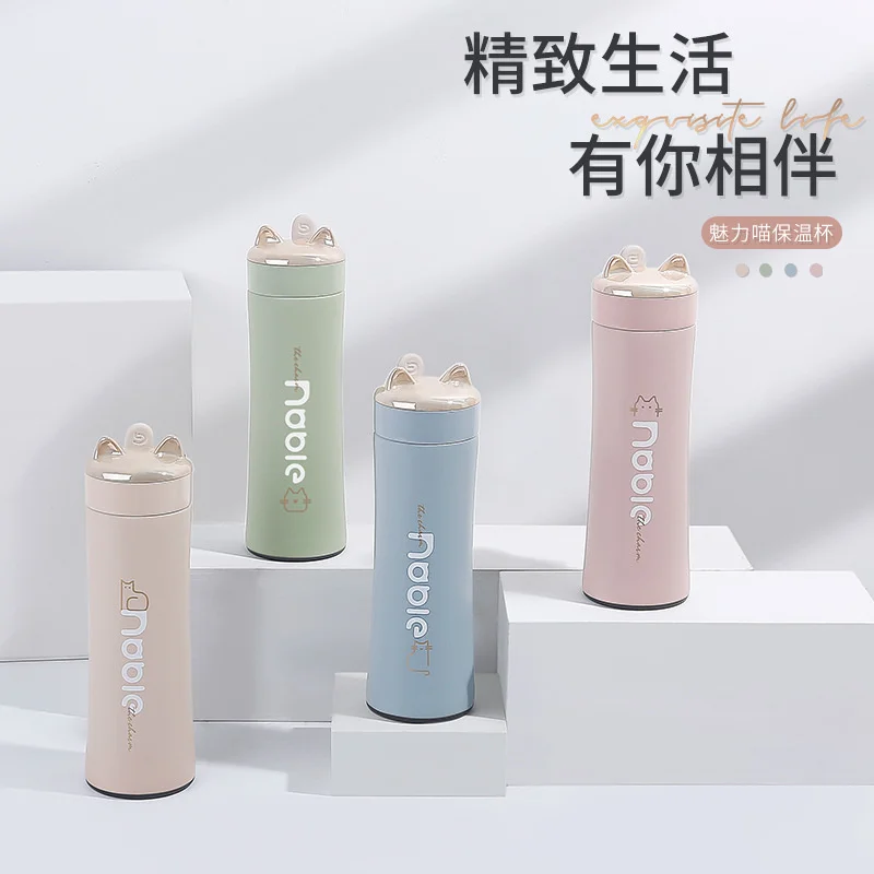 

New Women's Stainless Steel Insulated Water Cup Fashion Carrying Rope Office Cat Ear Solid Color Creative Gift Pot