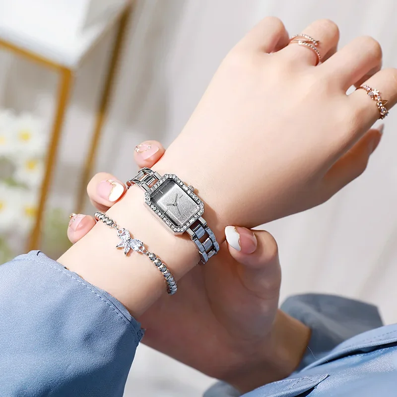 Роскошные женские брендовые часы модные платья квадратный кристалл