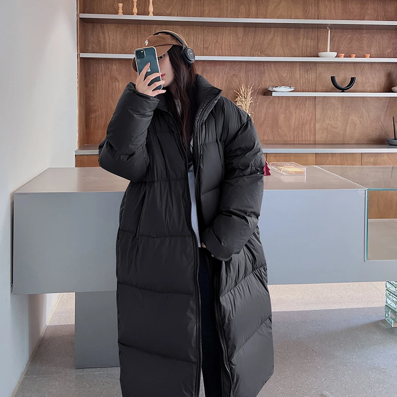 2022 New Long Down Jacket Women Stand Collar Korean Fashion Design Super Long Ankle Length Loose White Duck Down Winter Overcoat