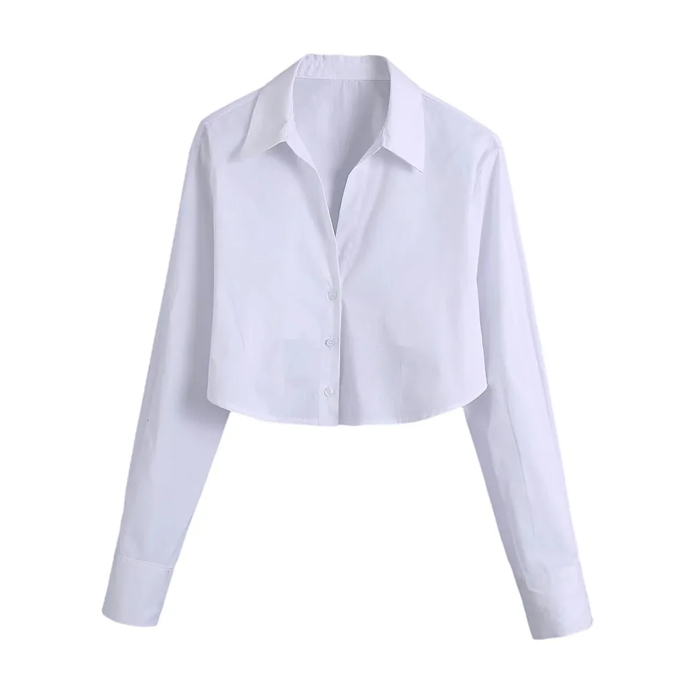 

Huaxiafan Women's Fashion Cropped Poplin Vintage White Blouses Long Sleeve Back Elastic Detail Women's Shirts Chic Blouses