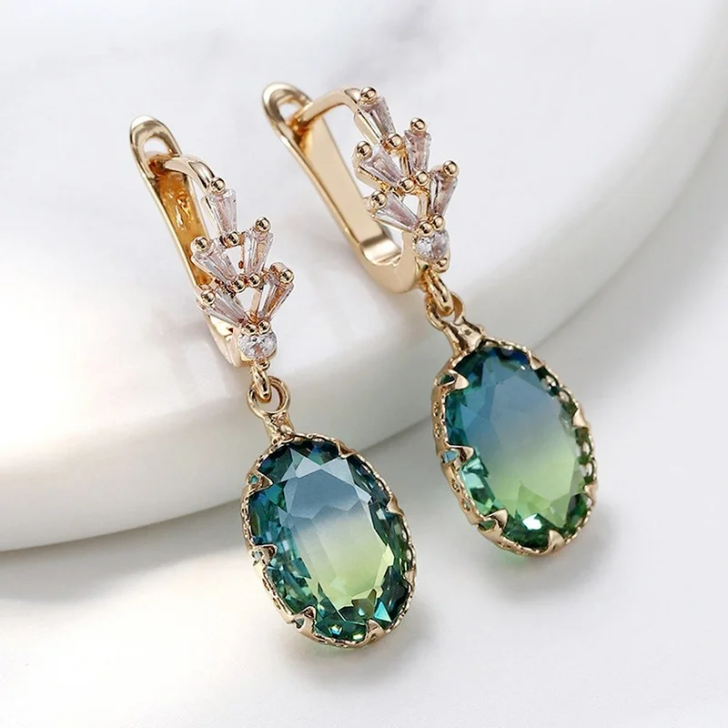 

Fashion Women Stainless Steel Oval Tourmaline Long Color Crystal Diamond Earrings Pendant Jewelry Bridal Wedding Engagement Gift