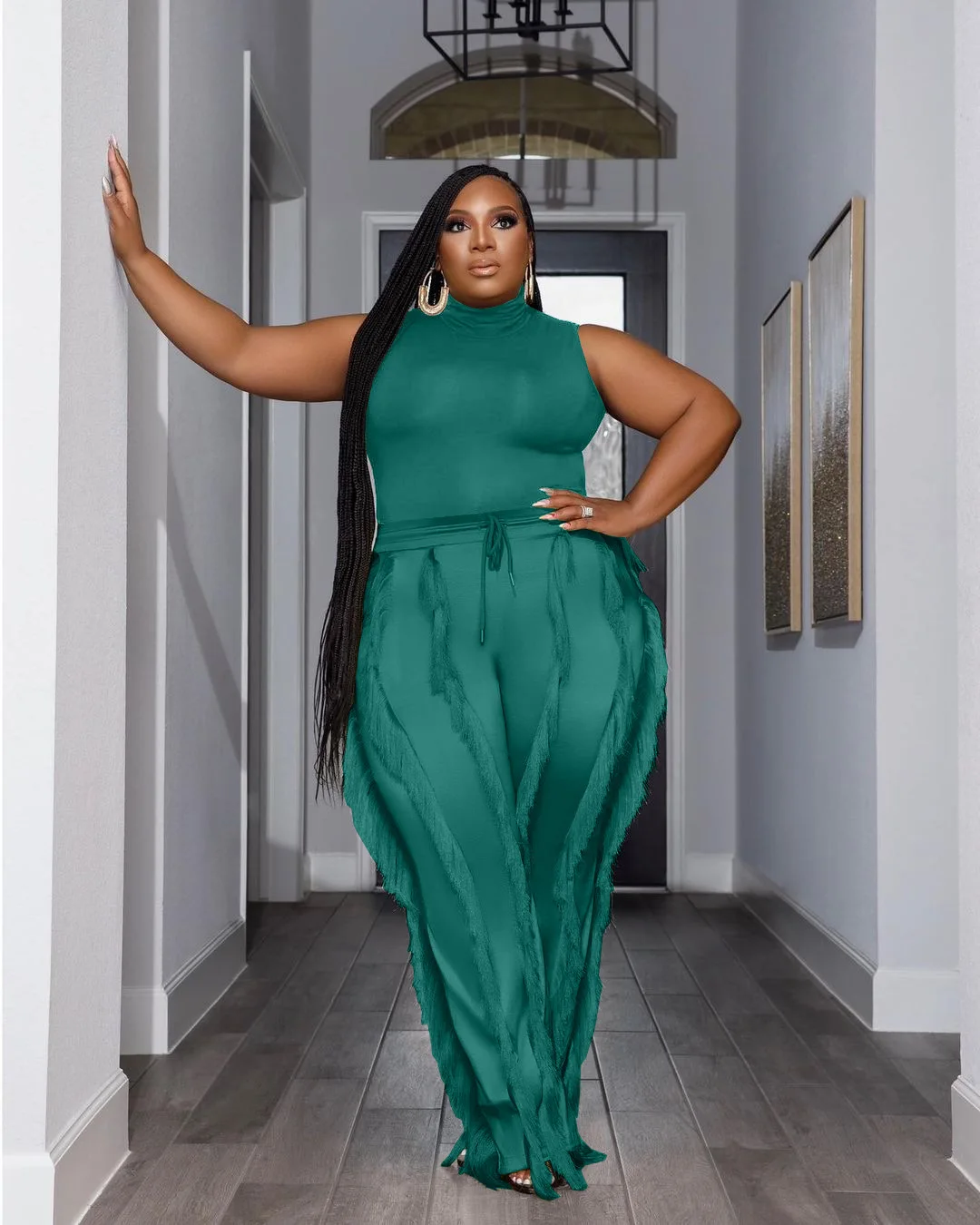 

Plus Size Fashion Two Piece Set Sleeveless Tank Top Tassel Pants Casual Streetwear Female Outfits 2023 Night Party Clothings