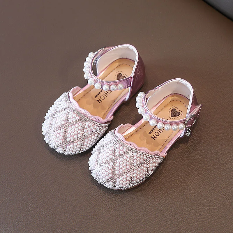 

2022 Summer Girl Sandals Child Shoes Pearl Rhinestone Party Princess Shoes Soft Bottom Non-slip Student Shoes Baby Kids Sandals