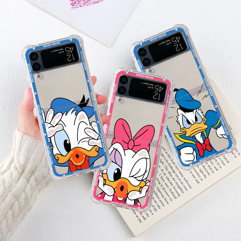 

AirBag Case For Samsung Galaxy Z Flip 4 3 5G Clear PC Hard Phone Cover ZFlip3 ZFlip4 Shockproof Shell Donald Daisy Duck Fundas