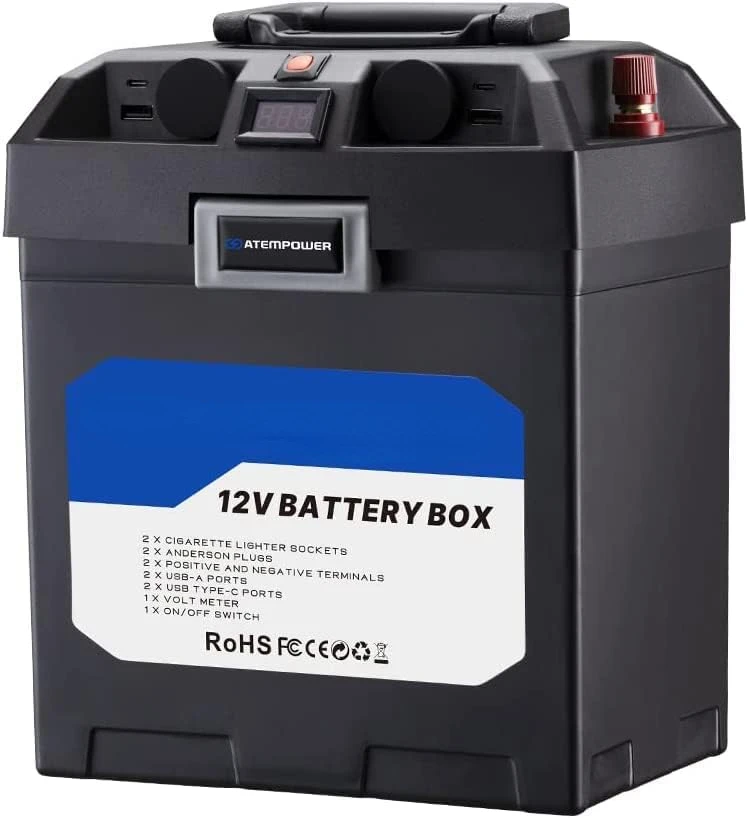 

Box 12V - with USB/DC Port/CIG Socket/Anderson Plug/Voltage Indicator for RV Camper Marine,Portable with Handle Hassle(Battery N