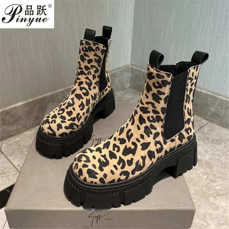 Leopard Print Fashion Chelsea Short Boots Fall New Suede Boots Casual Platform Women's Genuine leather motorcycle  Women's Boots