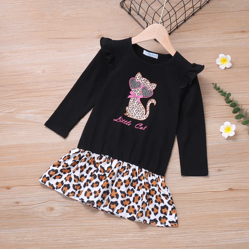 

Новинка, одежда Humor Bear для девочек, платье-футболка с рисунком кота и леопарда, черное милое стильное платье принцессы, платья 3-7