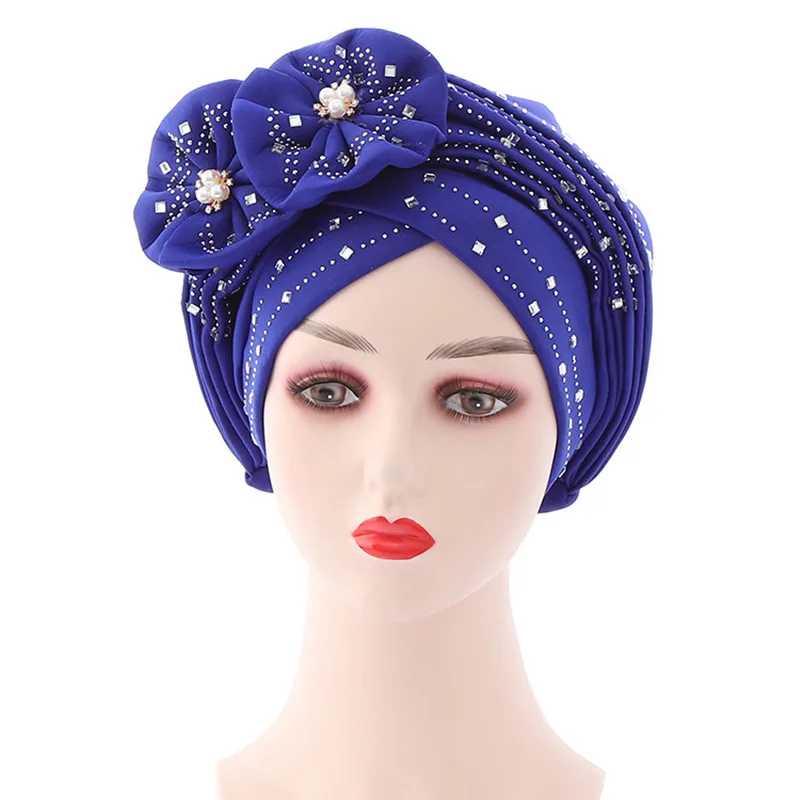 

New Flowers Diamonds Bonnets for Women Already Made Auto Gele Hijab Aso Oke Headtie Scarf Headwraps Turban Hat for African