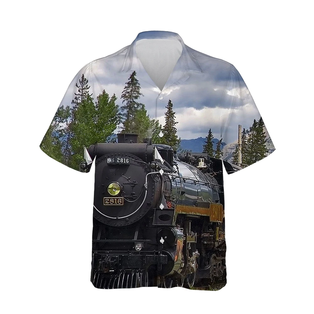 

Jumeast Retro 3d Steampunk Railway Train Printed Mens Hawaiian Shirt Short Sleeve Trend Fashion Shirts for Men Loose Streetwear