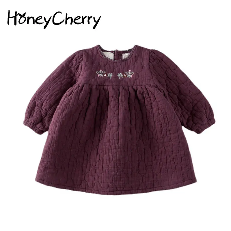 

Зимнее модное однотонное теплое платье с вышивкой HoneyCherry для девочек; Утолщенное платье принцессы для девочек; Одежда для девочек