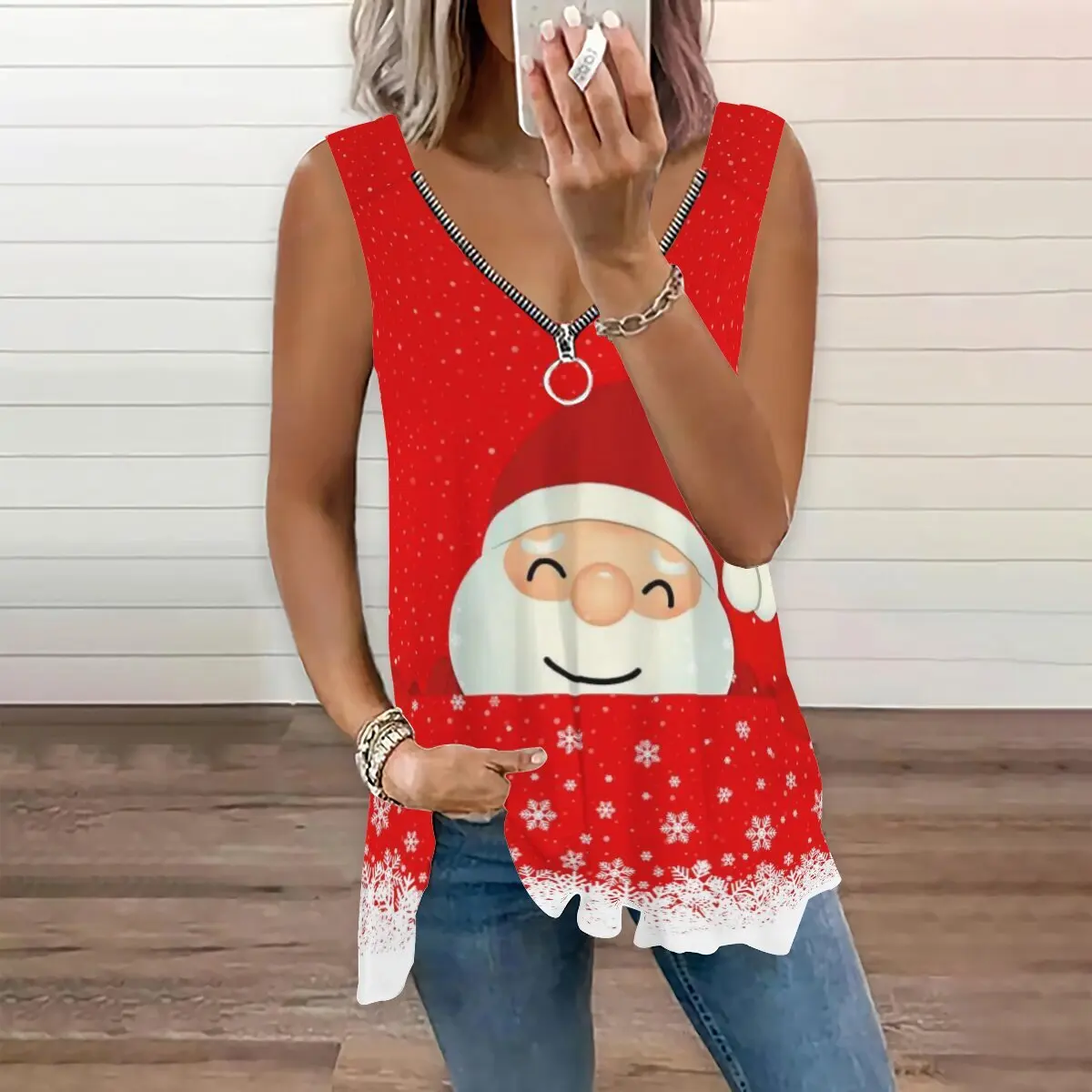 

SNAKE YX XXS-10XL Plus Size Women's Summer New Christmas Print Zipper V-Neck Casual Loose Sleeveless Tank Top