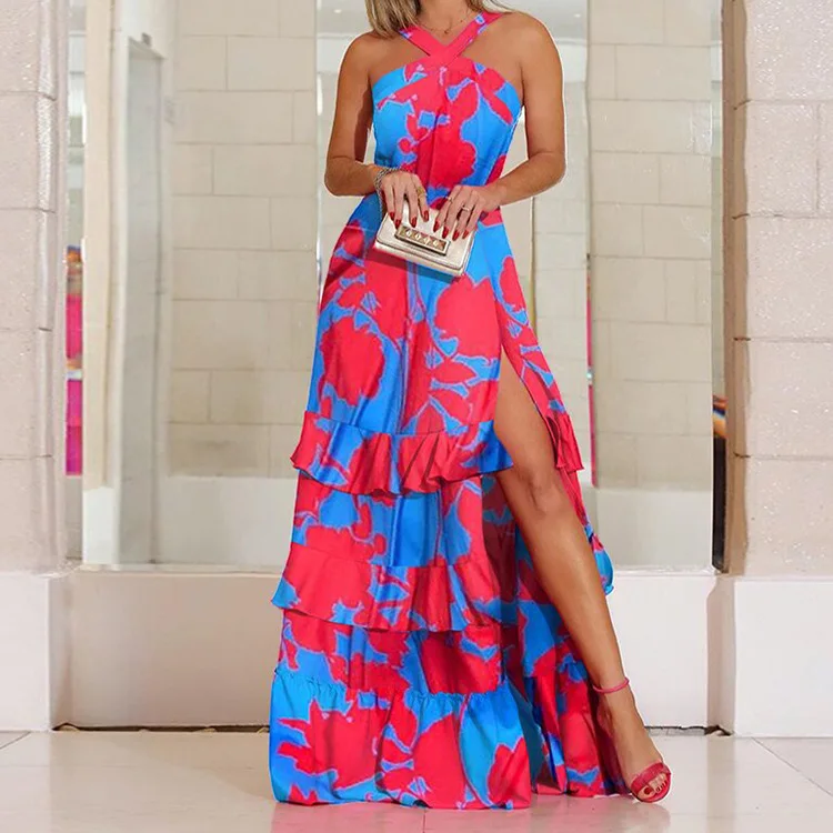 

New Women's Printed Neck Long Dress High Waist Sexy Split Dress
