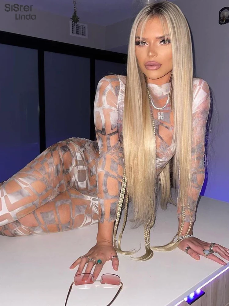 

Sisterlinda Mesh Fitness Jumpsuits Women Long Sleeve Zip Skinny See Through One Piece Playsuits Female Workout Activity Overalls