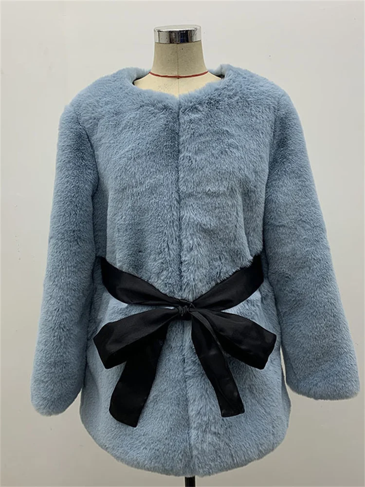 Autumn And Winter New Faux Fur Coat Women Korean Style Warm Casual Round Neck Long Sleeve Coat Female Elegant Lace-up Bow Tops