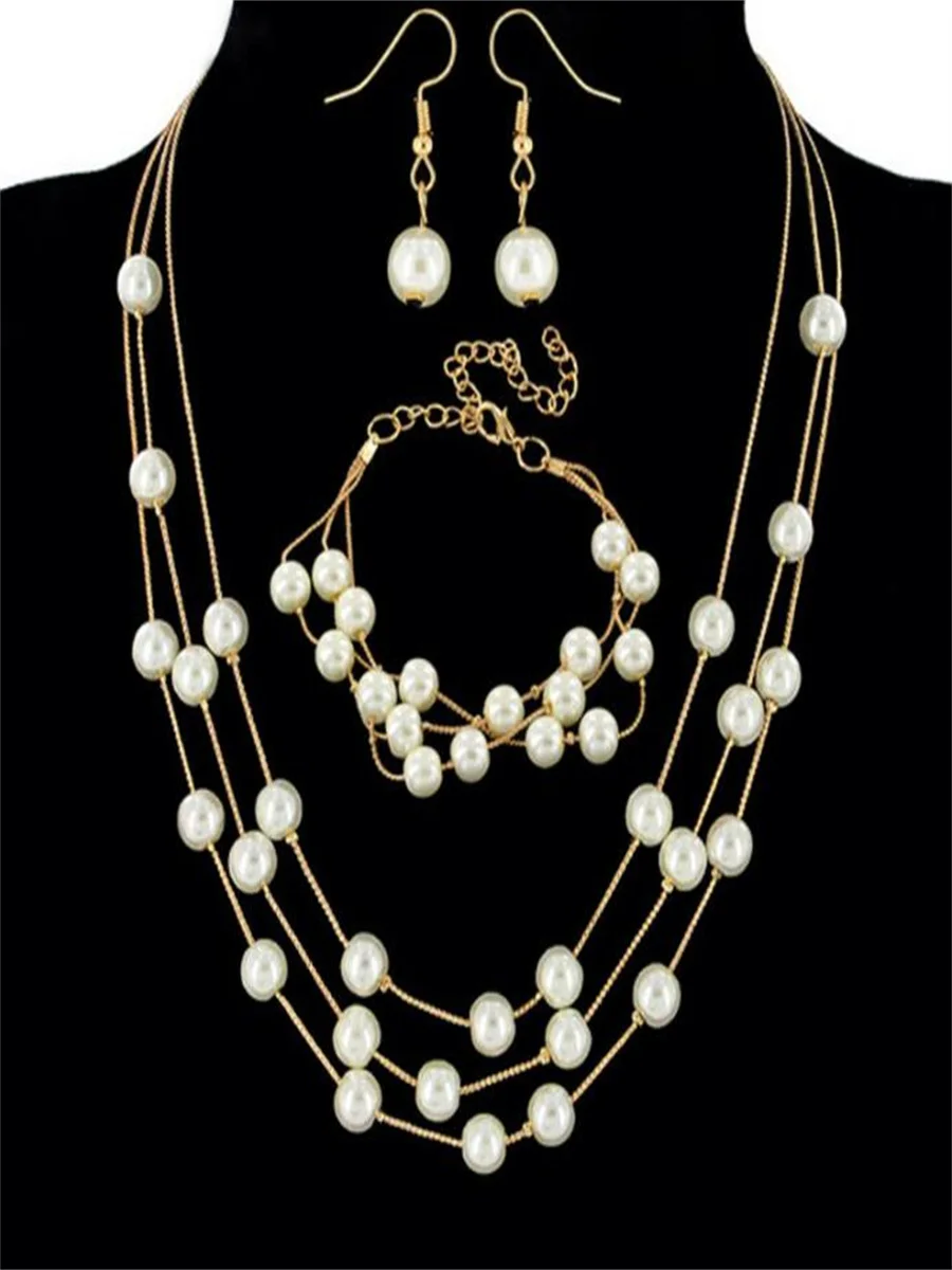 

Popular sweet OL elegant Imitation pearl multilayer temperament necklace earrings bracelet set