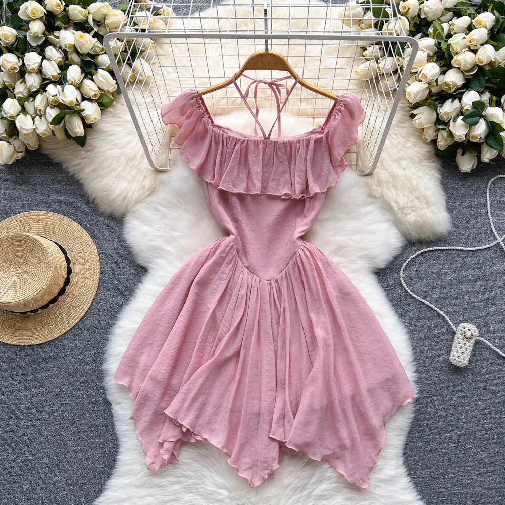 

VANOVICH Gauze Slash Neck Dress Women's Summer 2022 New Chiffon Irregular High Waist Flounced Edge Knee-Length Ball Gown Dress