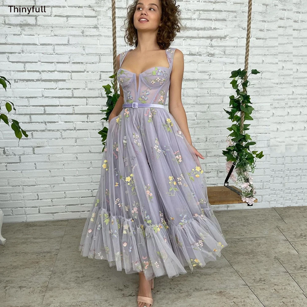 

Thinyfull Lavender Embroidery Lace Prom Dresses A-Line Sweetheart Tulle Wedding Party Gowns 2023 Tea-Length Bridesmaid Dress