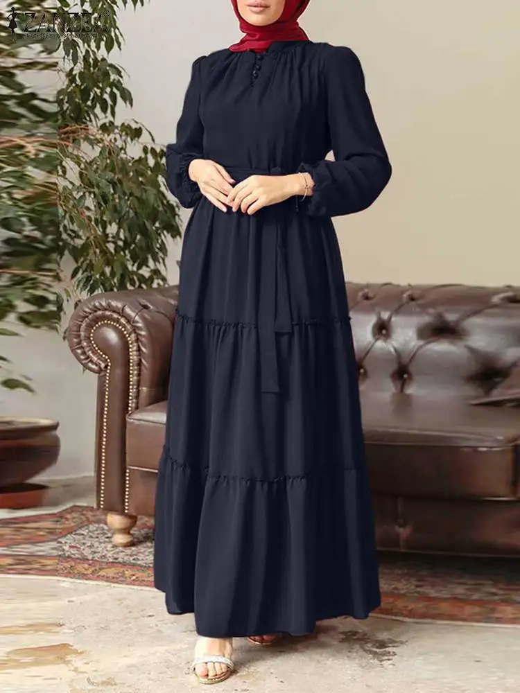 

Ramadan Eid Abaya Muslim Dress Turkey Kaftan Dubai Abayas ZANZEA Spring Long Sleeved Solid Maxi Sundress Robe Femme Vestiods