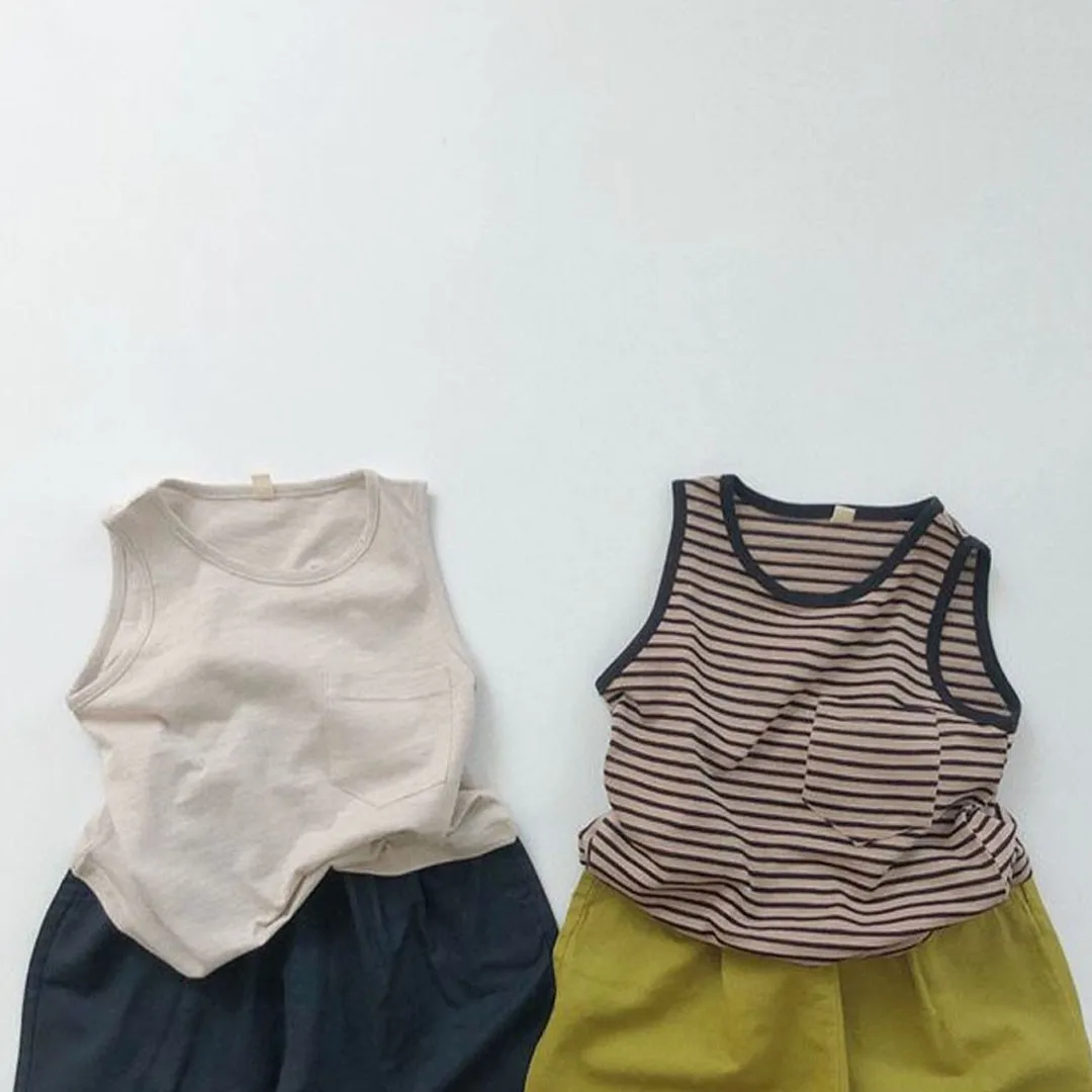 

2022 Latest Children Vest Baby Boy Striped Cool Sleeveless Tops Toddler Girl Casual Comfortable Cotton Vests With Pocket