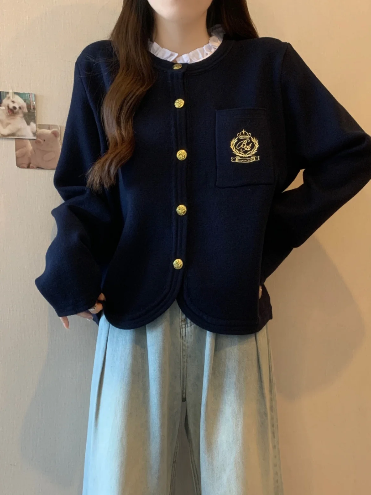 Темно-синий вязаный кардиган в стиле преппи для женщин осень и зима большие