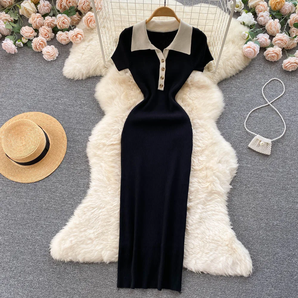 

Chic Sexy Elegant Crochet Bodycon Midi Dress V Neck Turn Down Collar Slim Wrap Pencil Dress Korean Fashion Women Vestido New Y2k