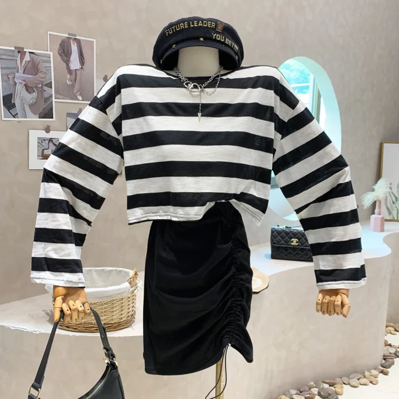 

New Women's Clothing 2022 Summer backless long sleeve casual versatile Top T-shirt drawstring wrap hip skirt two piece set
