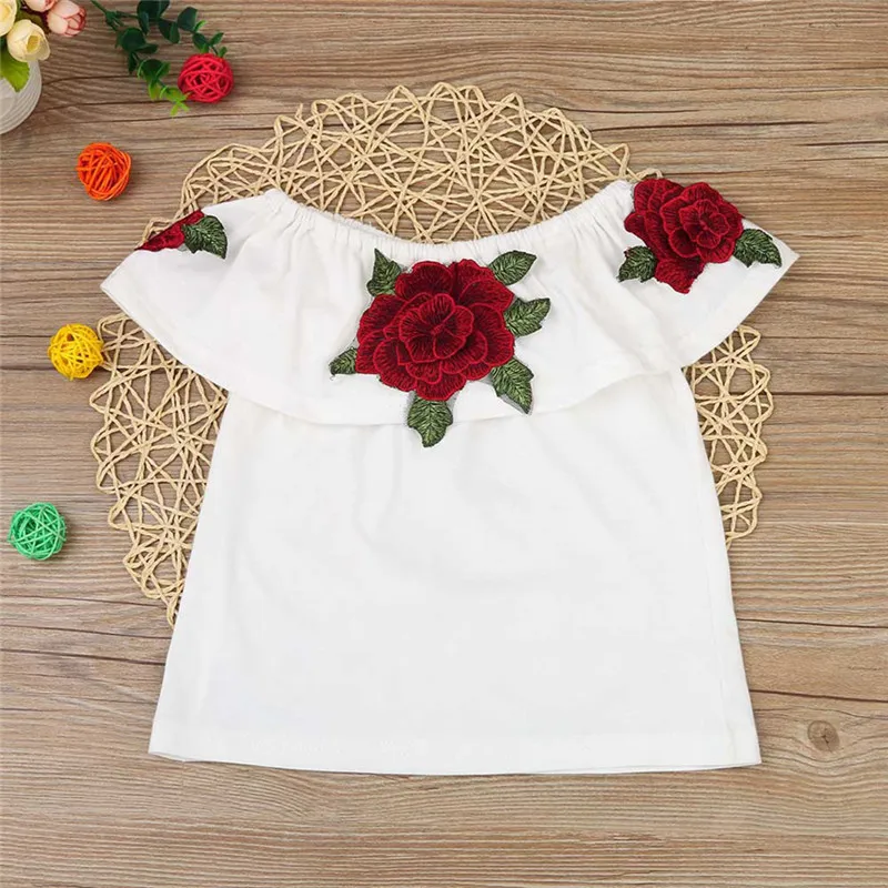 

2022 Fashion Tops Kids Clothing Floral O-Neck Girls T-shirts Ruffles Cute Csual Cotton Children Tees Girl Clothes White
