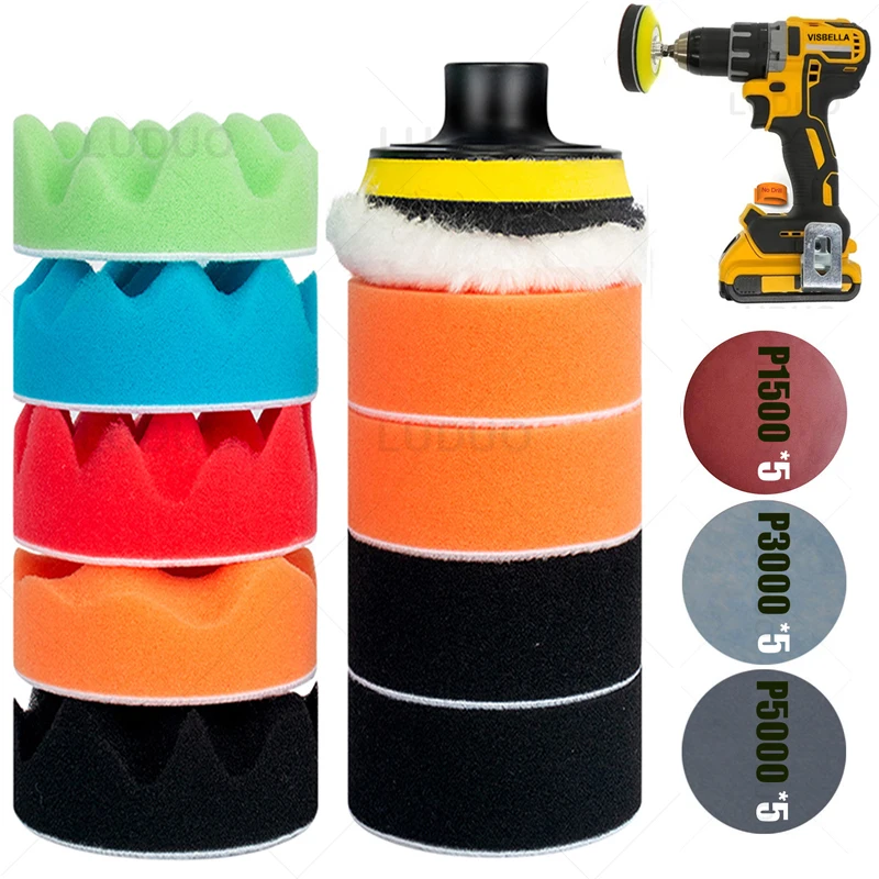 26PCS 3 Car Polishing Disc Buffing Sponge Polishing Pad Wax Wool Wheel Headlights Repair for Polisher Drill Adapter M10