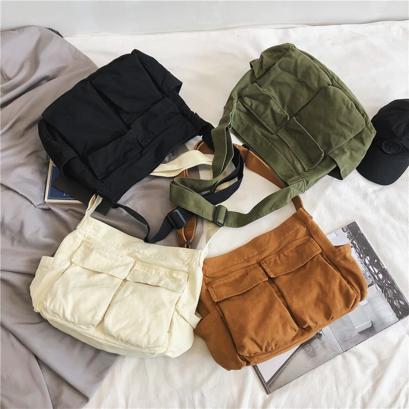 Ins Large Capacity Shoulder Bag School Messenger Bags Fashion Zipper Japanese Harajuku Shopper Travel Simple Canvas Bag
