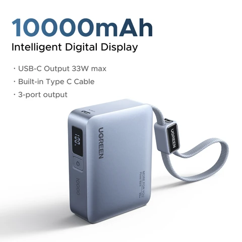 Внешний аккумулятор UGREEN Mini 33W 10000 мАч со встроенным кабелем Type-C, зарядное устройство PD 30W, совместимое с Xiaomi 33W