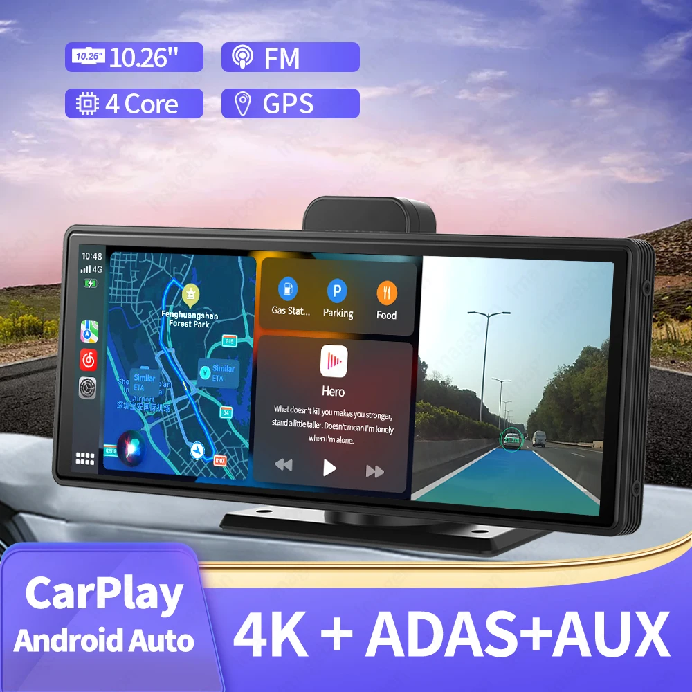 

New 10.26" 4K Car DVR Wireless CarPlay Android Auto ADAS WiFi AUX Dash Cam GPS FM Rearview Camera Video Recorder Dashboard