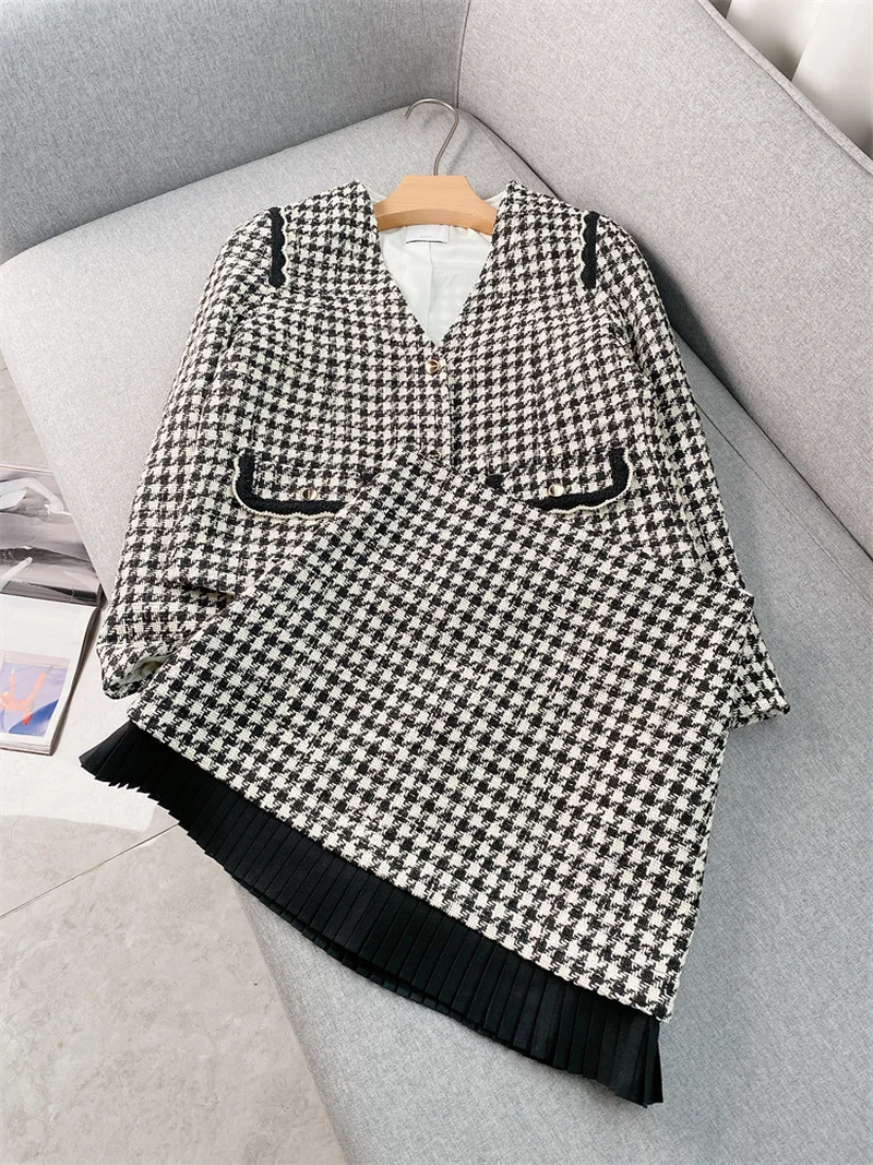 Houndstooth Tweed Dress 2022 Fall New Retro V-Neck Top + Pleated Hem Skirt Suit Women's French High Quality Free Shipping