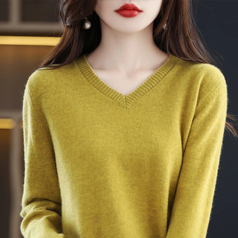 

100% pure wool cashmere sweater women's V-neck pullover casual knit top autumn and winter women's coat Korean fashion