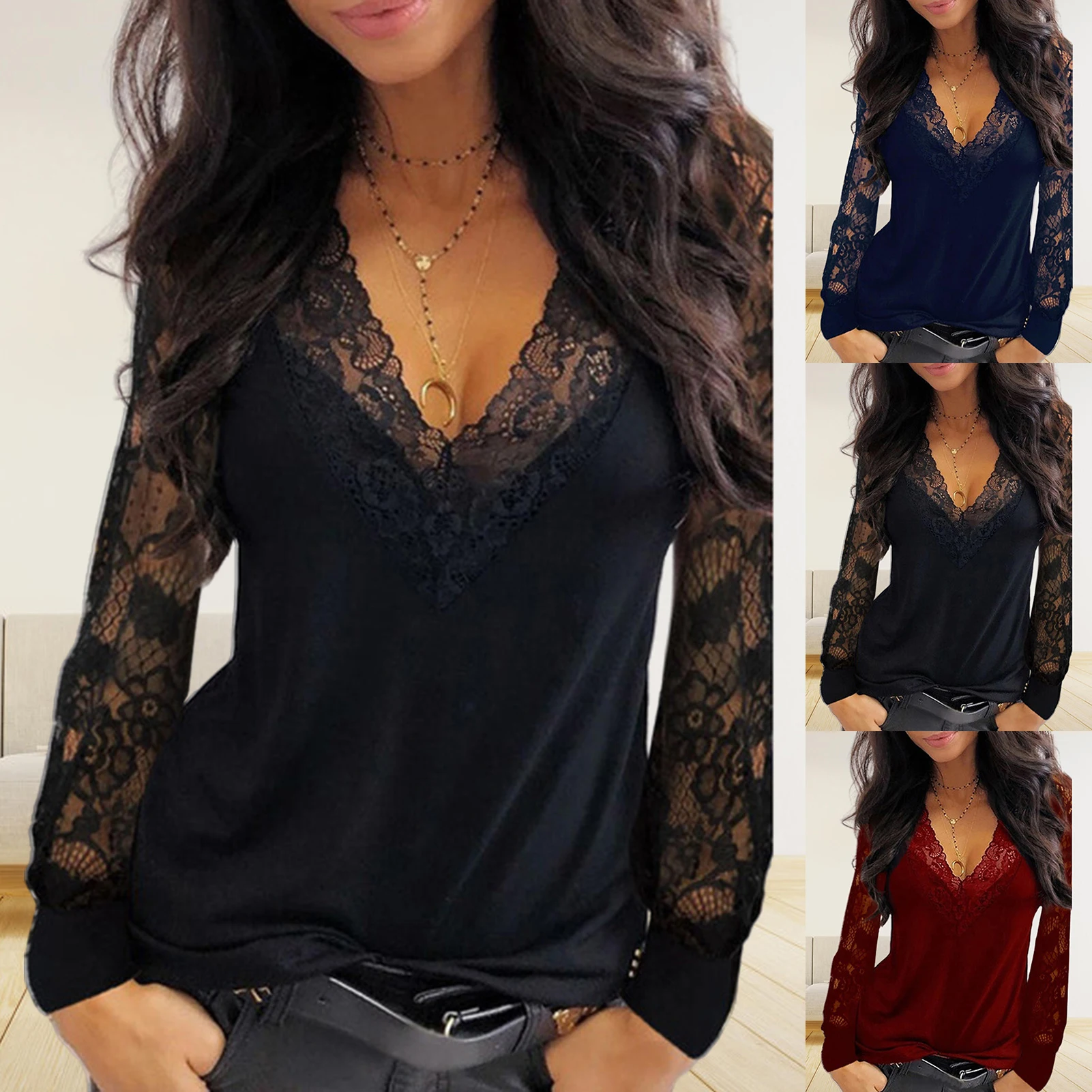 

2023 New Fashion Women Sexy Blouse Deep V Neck Lace Trim See Through Polyester Long Sleeve Shirt Blouse Top Women's Clothing