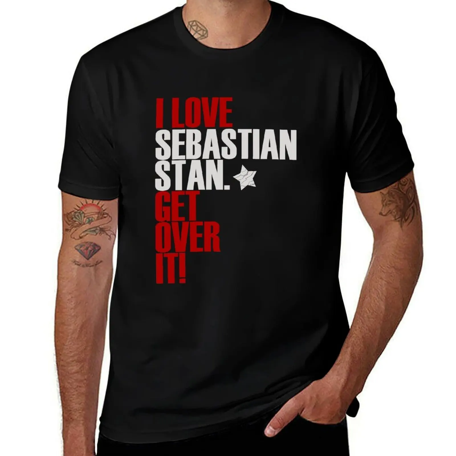 Фото Футболка I love Sebastian Stan get over it, долговечная повседневная футболка №1