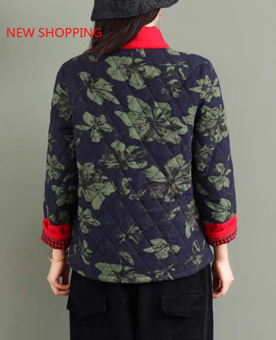 Women Retro Cotton Coat Vintage Ethnic Style Flowers Print Parka Fashion Qipao Tops Elegant Hanfu Winter Parkas Jackets Outwear
