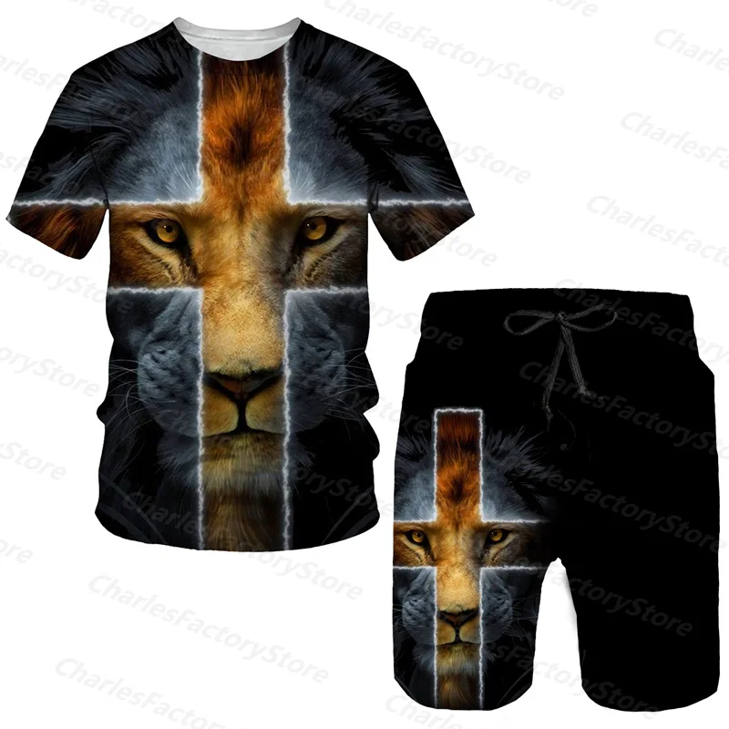 

Мужской летний спортивный костюм с 3D принтом Lion Cross, повседневный костюм, комплект из 2 предметов, футболка и шорты, мужская уличная одежда бо...