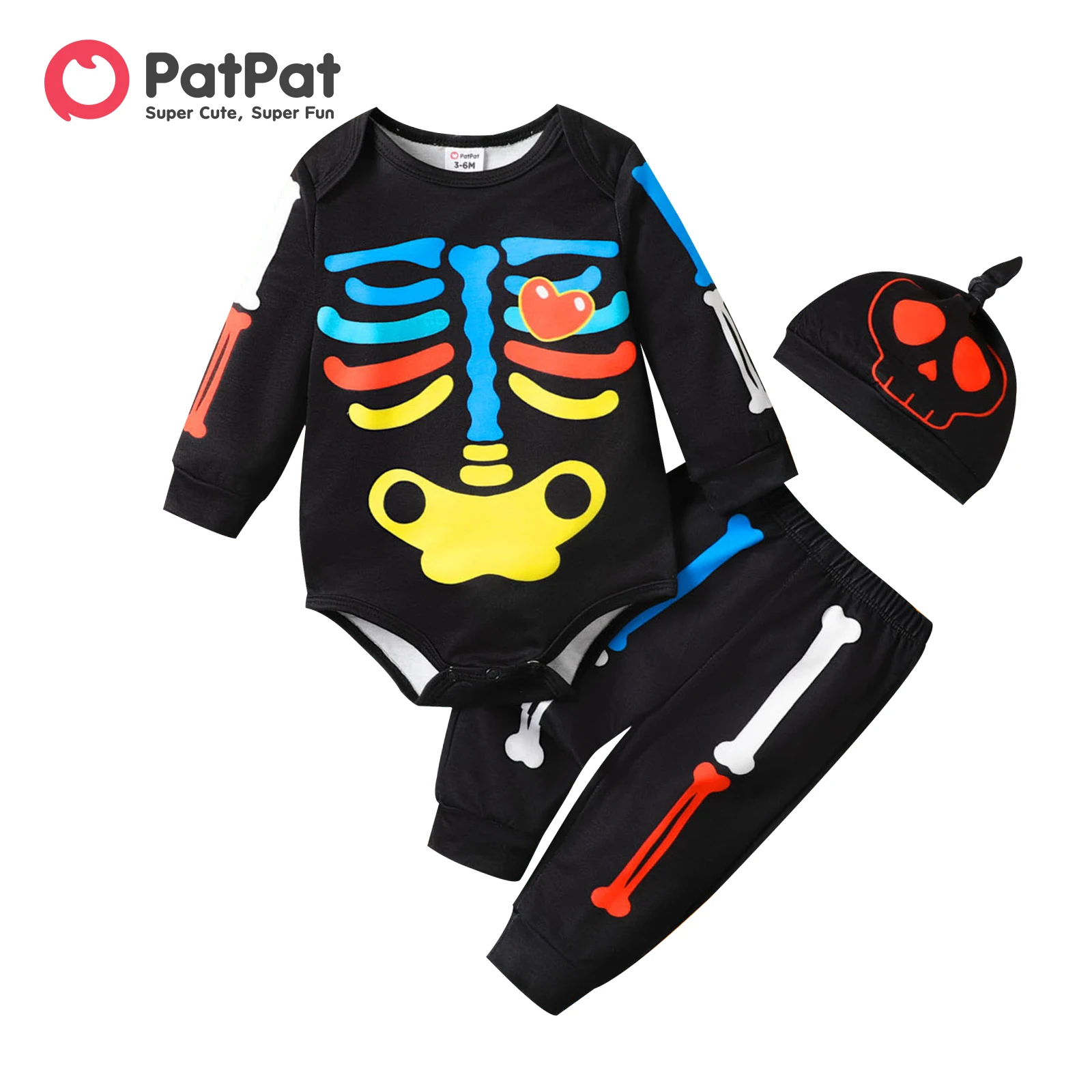 

PatPat Halloween 3pcs Baby Girl/Boy Childlike Style Bone pattern Sets with Hat