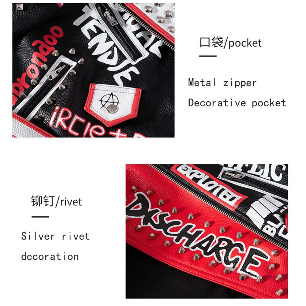 New Slim Women Pu Leather Jacket Graffiti Print Contrast Color Motorcycle  Short Lapel Coat Fit Beaded Studs Lender Outwear