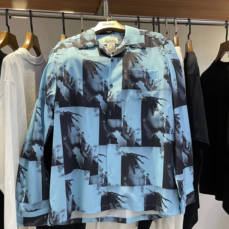 

Мужская рубашка с длинным рукавом, голубая рубашка с принтом в стиле пения и рок-портрета, осень