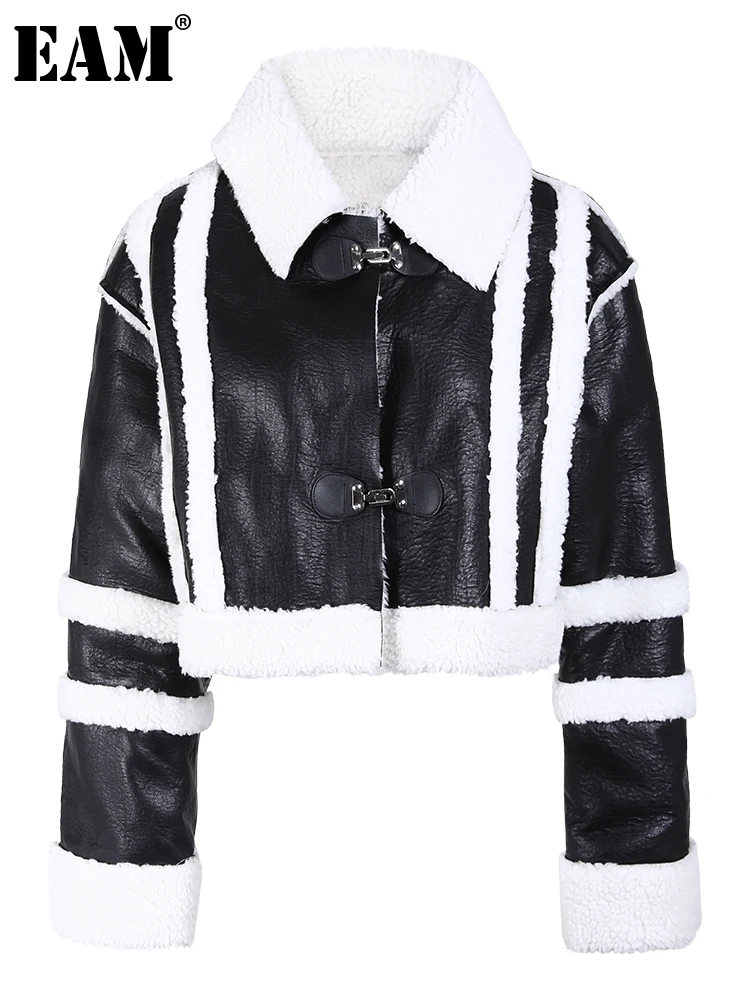 

[EAM] Pu Leather Black Lambswool Big Size Thick Jacket New Lapel Long Sleeve Women Coat Fashion Tide Autumn Winter 2023 7AB305