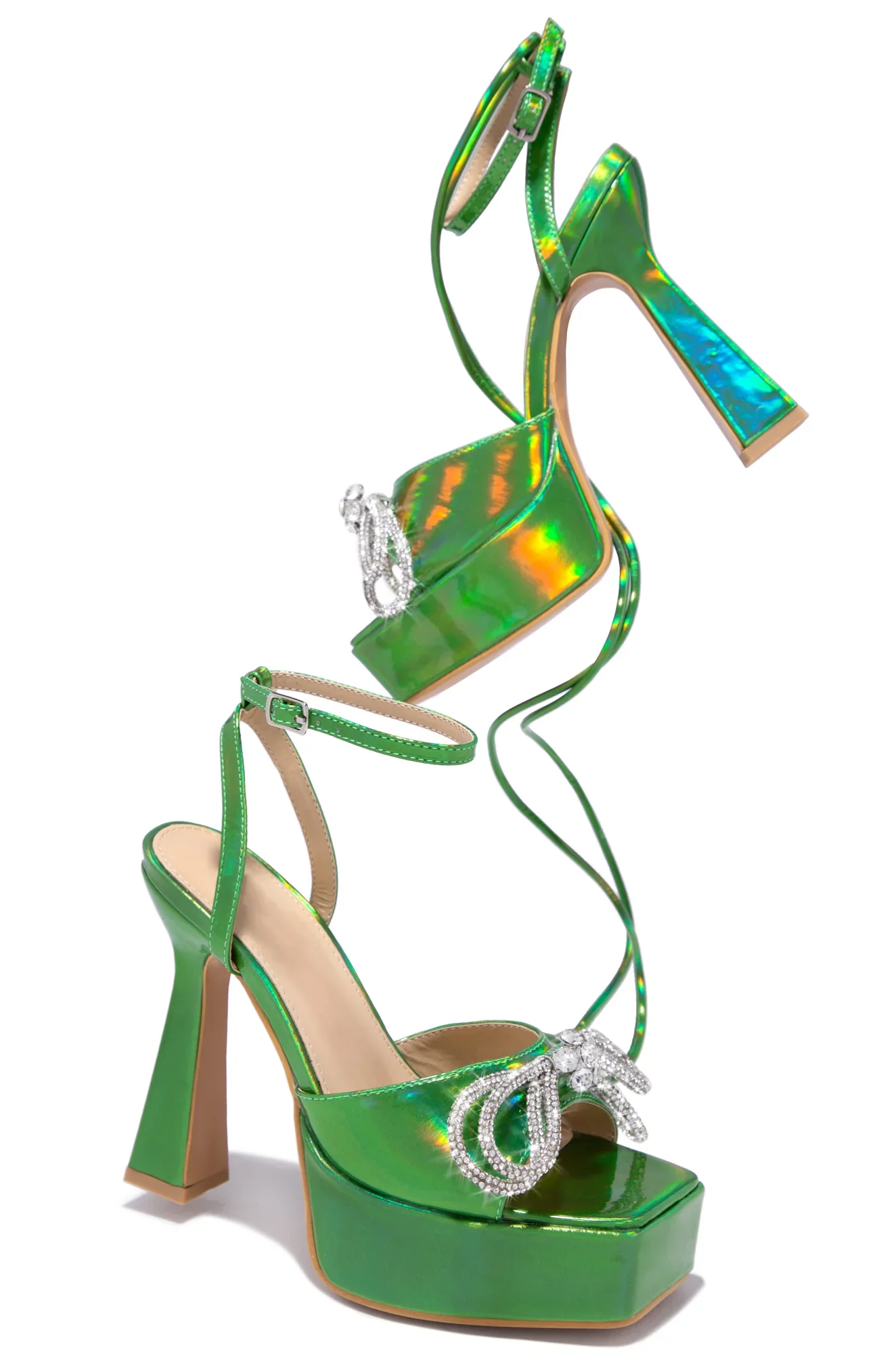 XIBEILOVE 2023 Sexy Square Head Waterproof Platform Rhinestone Bow Tie Women's High Heel Sandals Banquet Nightclub Green Shoes