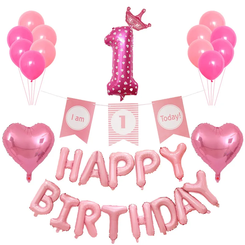 

One year old flag baby happy birthday pink letter aluminum foil balloon set party decoration