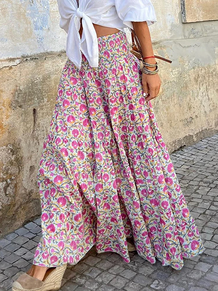 Summer Long Skirts Women Boho Print Skirt Female Floral Beach Maxi Skirts Ladies Vintage Loose Elastic Waist Holiday Skirt