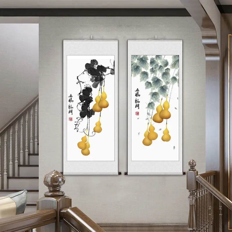 

Traditional Chinese Style Scroll Wall Paintings Gourd Retro Vintage Room Decor Aesthetic Living Room Study Decorative Hanging