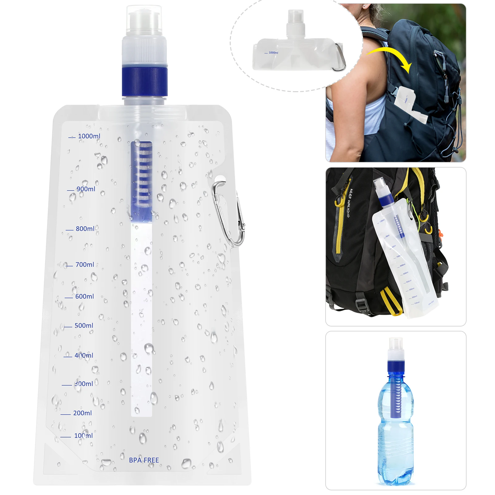 

1000ml Ultralight Collapsible Water Bottle Filter Portable Water Filter Hydration Bladder Flask for Camping Hiking Backpacking